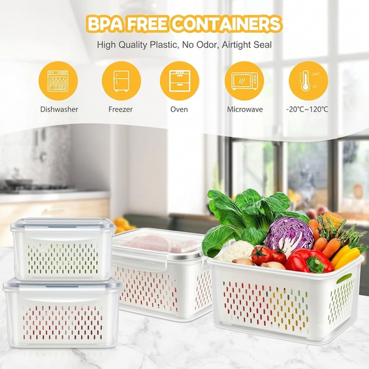Stackable Fridge Containers with Drain Baskets