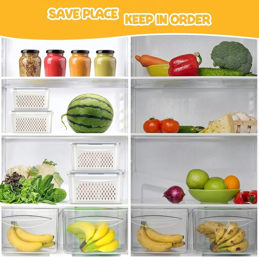 Stackable Fridge Containers with Drain Baskets