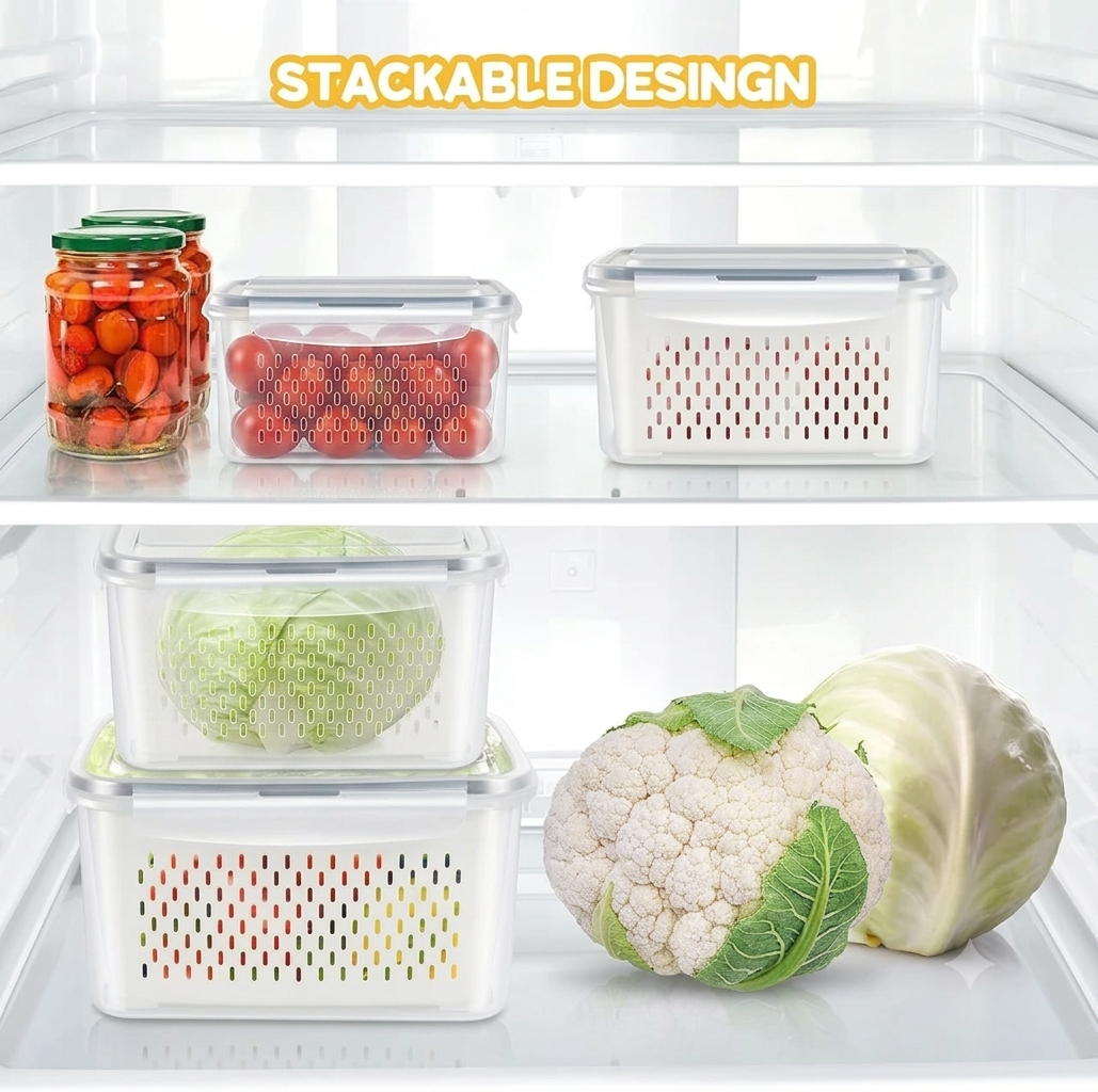 Stackable Fridge Containers with Drain Baskets