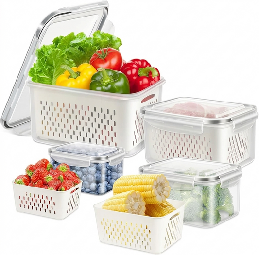 Stackable Fridge Containers with Drain Baskets